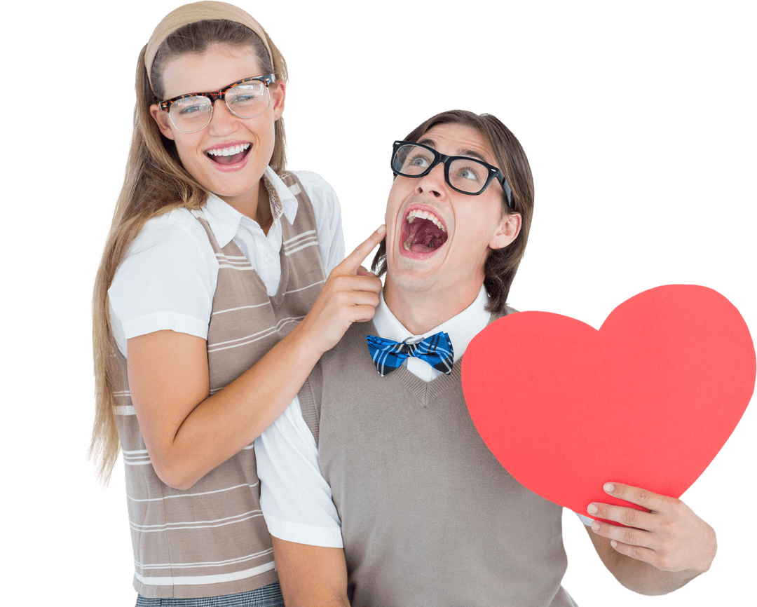 Transparent Happy Couple Dressed as Geeky Hipsters Holding Heart