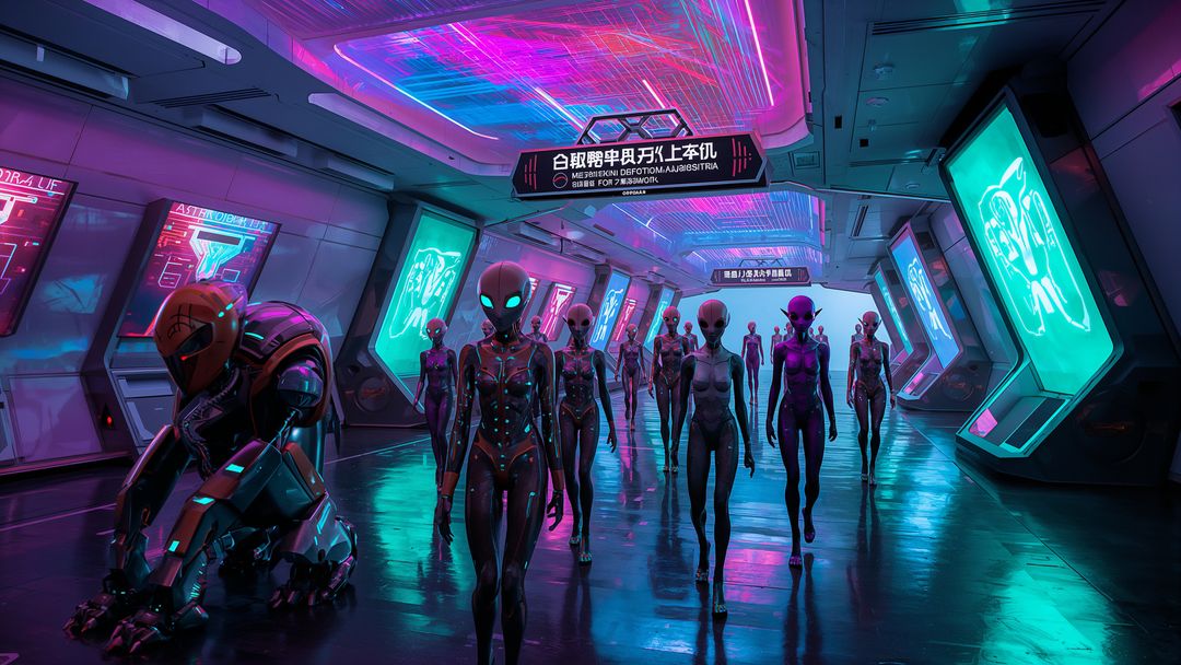 Alien Crew Strolling Through Futuristic Spaceship Corridor