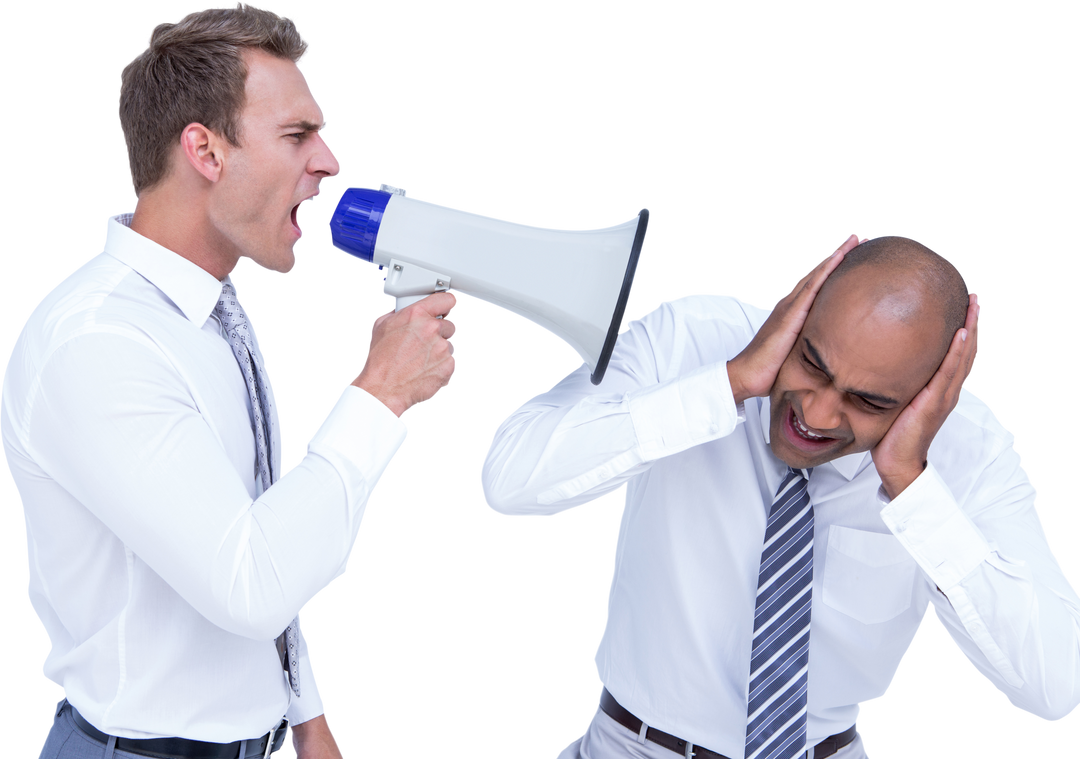 Transparent businessman yelling with megaphone at colleague covering ears - Download Free Stock Images Pikwizard.com