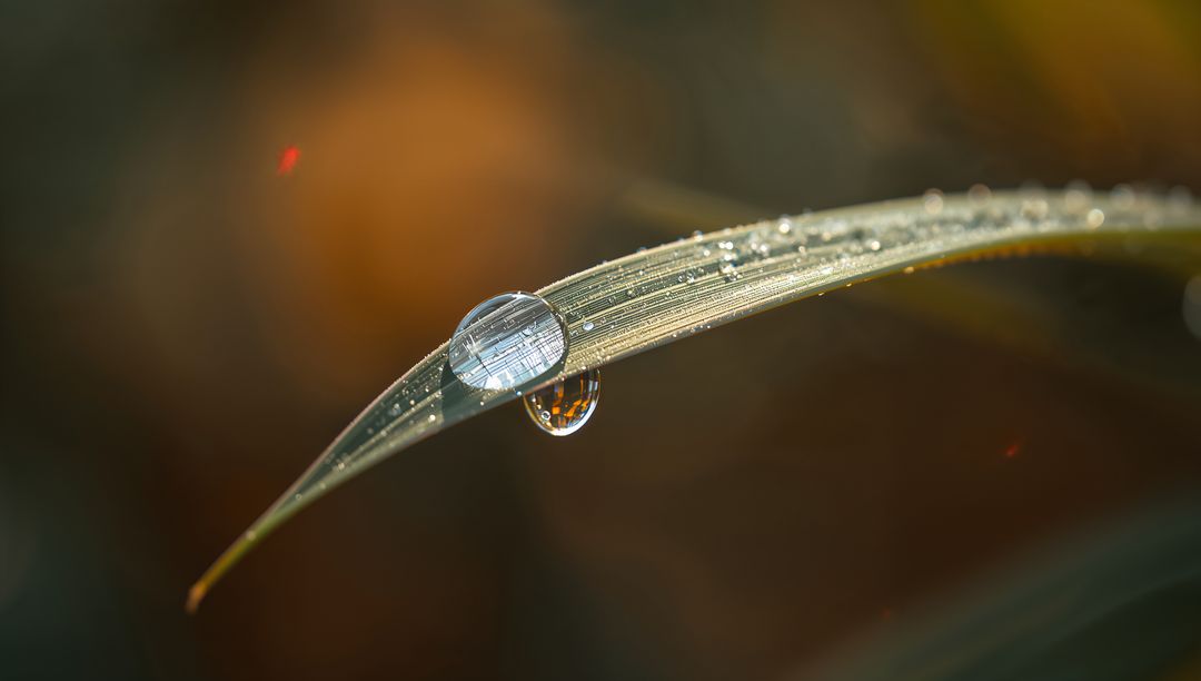 Glistening Dew on Slender Grass Blade with Refraction, Macro Detail and Warm Bokeh