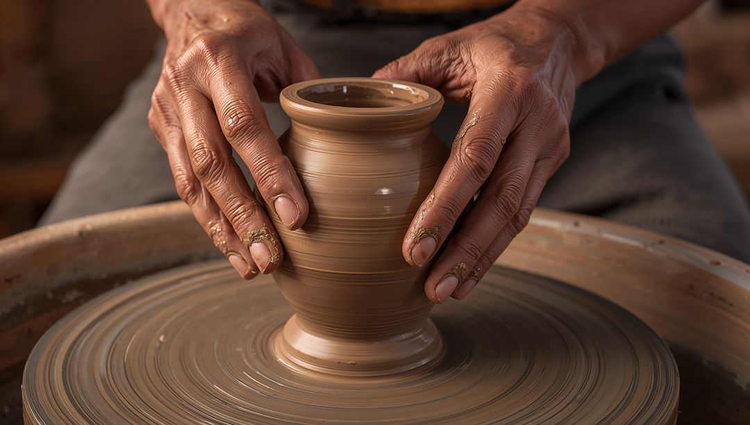 Potter's Hands Forming Clay Vessel on Wheel in Rustic Workshop
