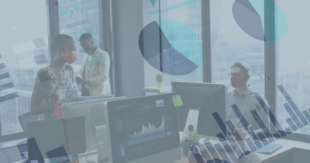 Business Team Analyzing Financial Data During Pandemic in Office