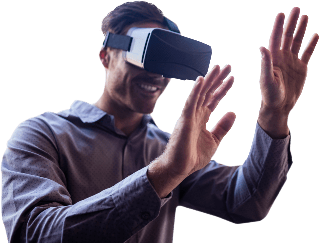 Smiling Man Wearing VR Headset on Transparent Background