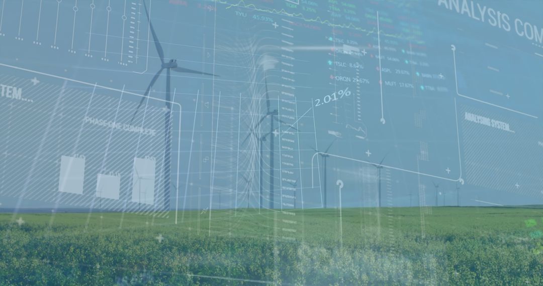 Financial Data Overlay on Wind Turbines Symbolizing Energy Innovation