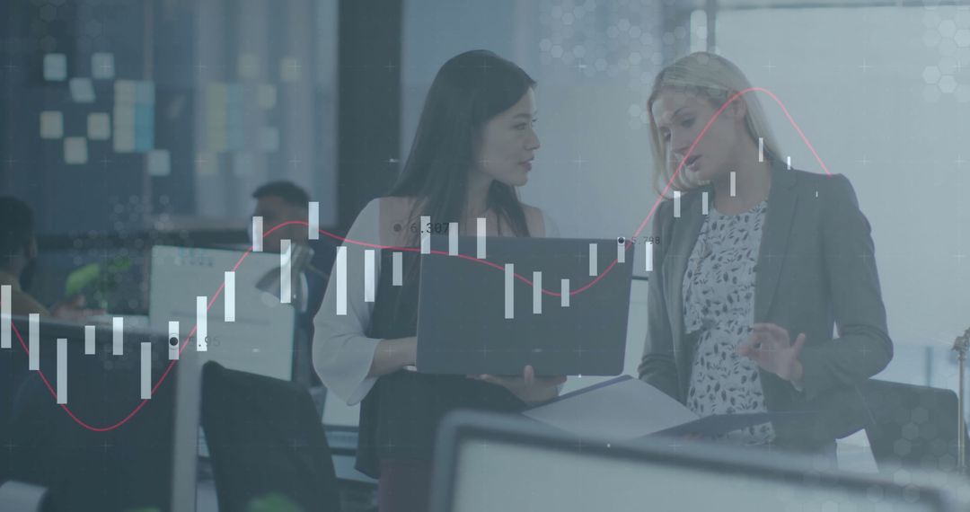 Business Analysts Collaborating on Financial Strategy with Data Overlay