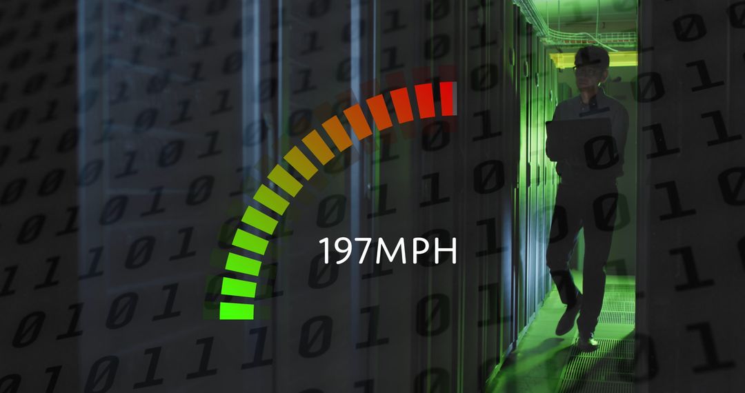 IT Engineer Monitoring High-Speed Data Transfer in Server Room