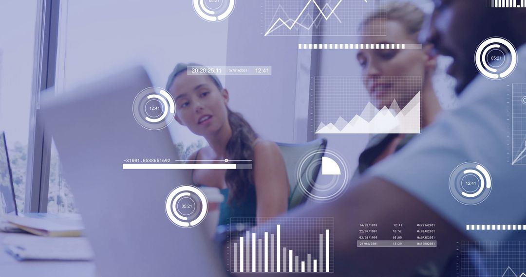 Diverse Team Analyzing Financial Data Holograms in Modern Office