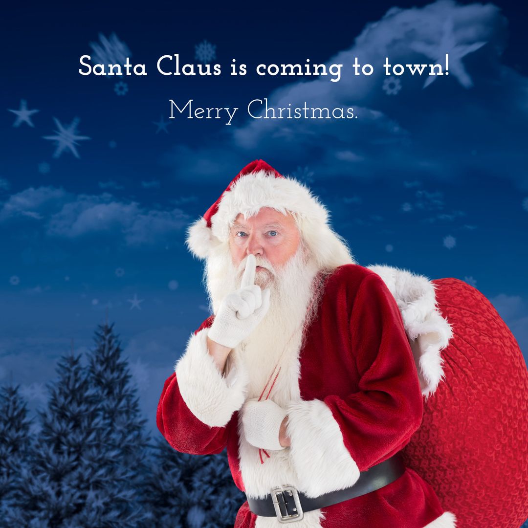 Santa Claus Shushing Pose with Sack on Sky Background - Download Free Stock Templates Pikwizard.com
