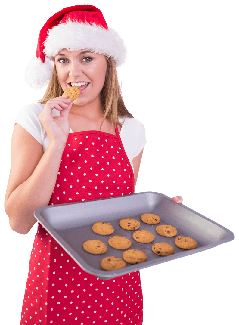 Joyful Woman in Santa Hat with Fresh Transparent Cookies Tray