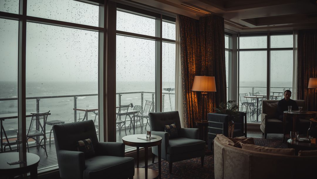 Sitting man in moody seaside lounge watching rain through wet floor-to-ceiling windows
