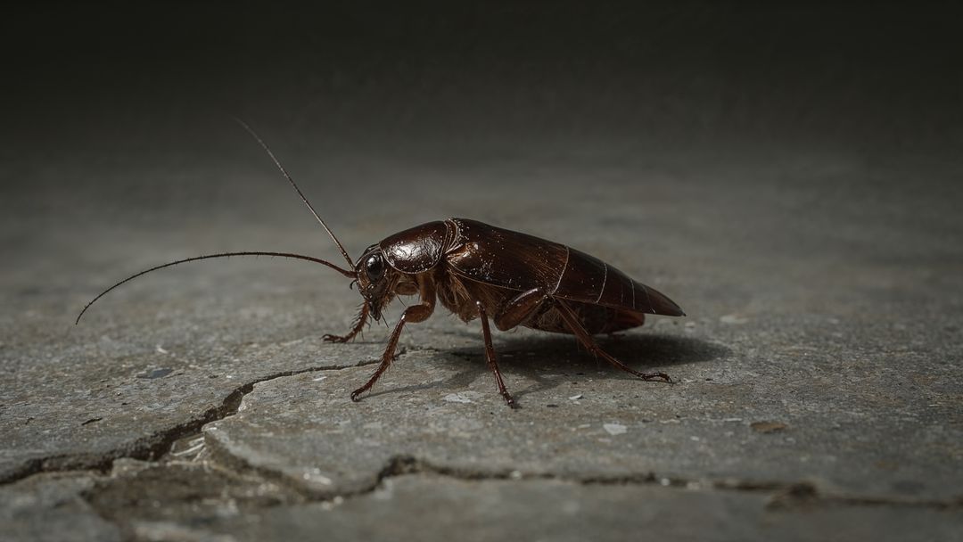 Cockroach Exploring Concrete Floor with Cracks and Debris