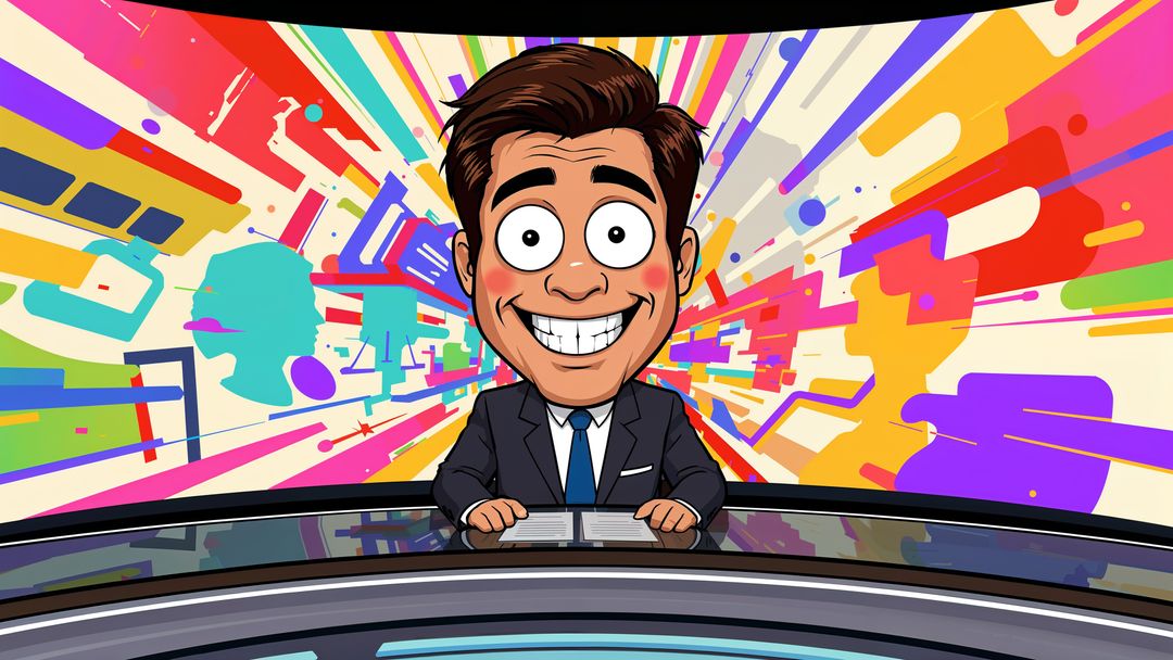 Animated TV Anchor Excitedly Reporting News with Color Burst Background