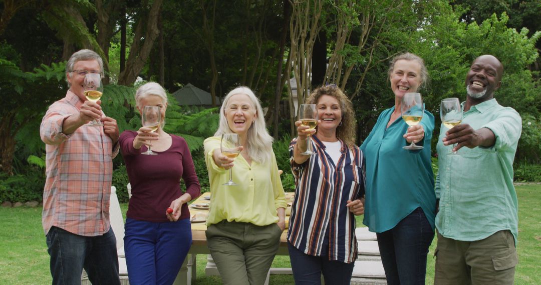 Image of diverse happy senior female and male friends toasting with wine in garden - Free Images, Stock Photos and Pictures on Pikwizard.com