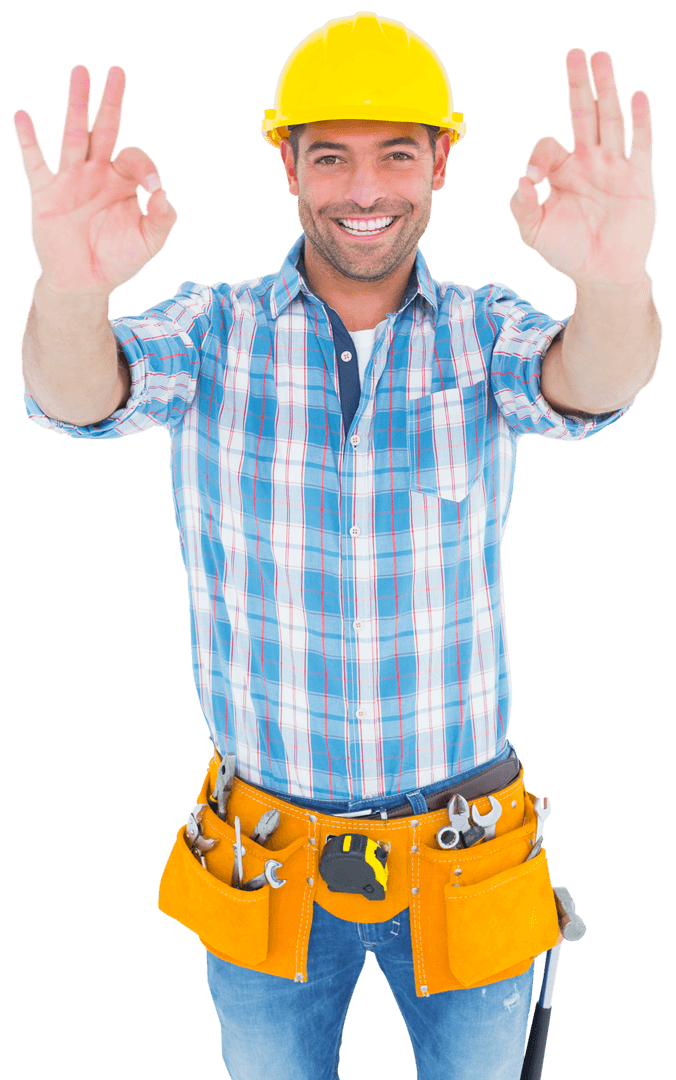 Handyman Showing Ok Sign with Yellow Helmet and Tool Belt Transparent
