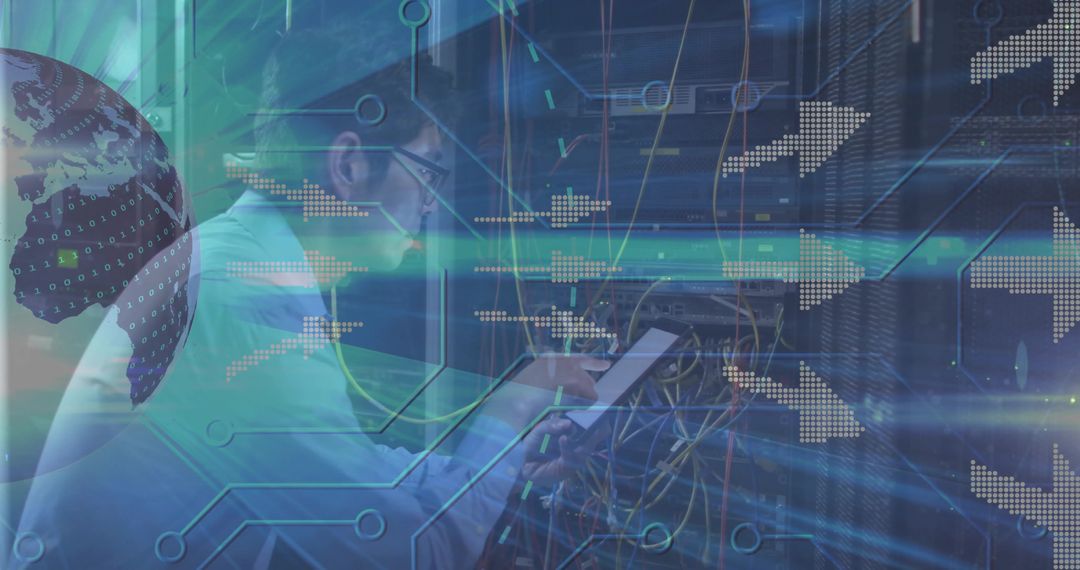 Korean IT technician managing server cabling with tablet in futuristic datacenter overlay