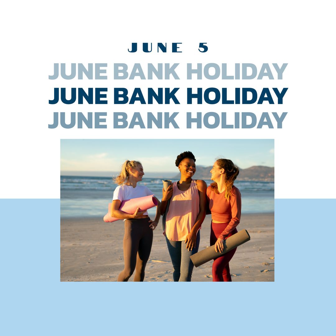 Diverse Female Friends Enjoying Beach with Yoga Mats on June Bank Holiday