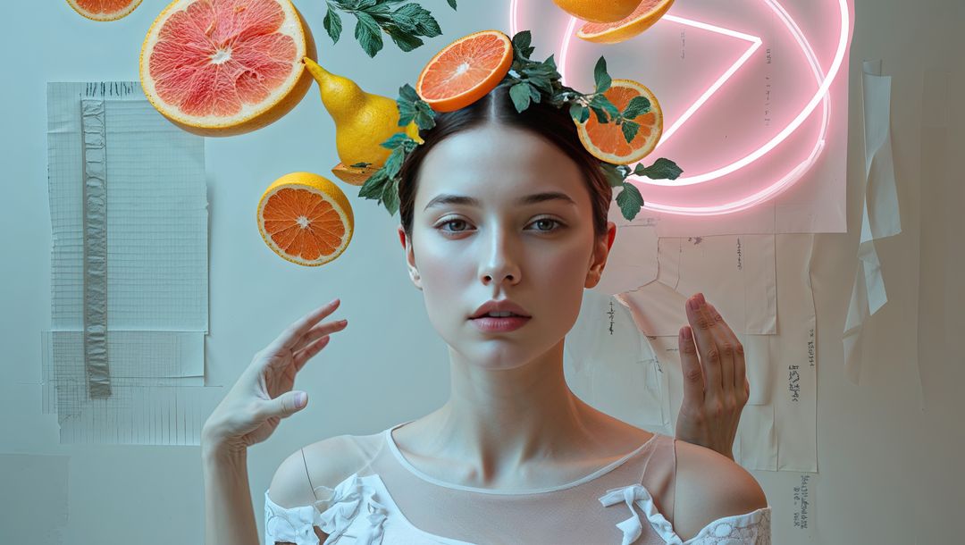 Surreal Fashion Portrait with Floating Fruit Crown and Neon Circle