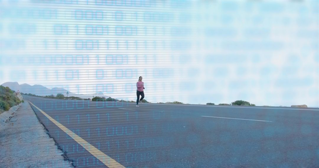 Runner on Highway Embracing Futuristic Digital Overlay