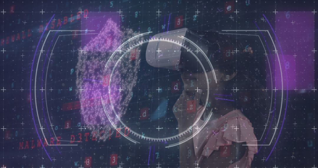 Girl Engages in Virtual Reality with Cybersecurity Overlay