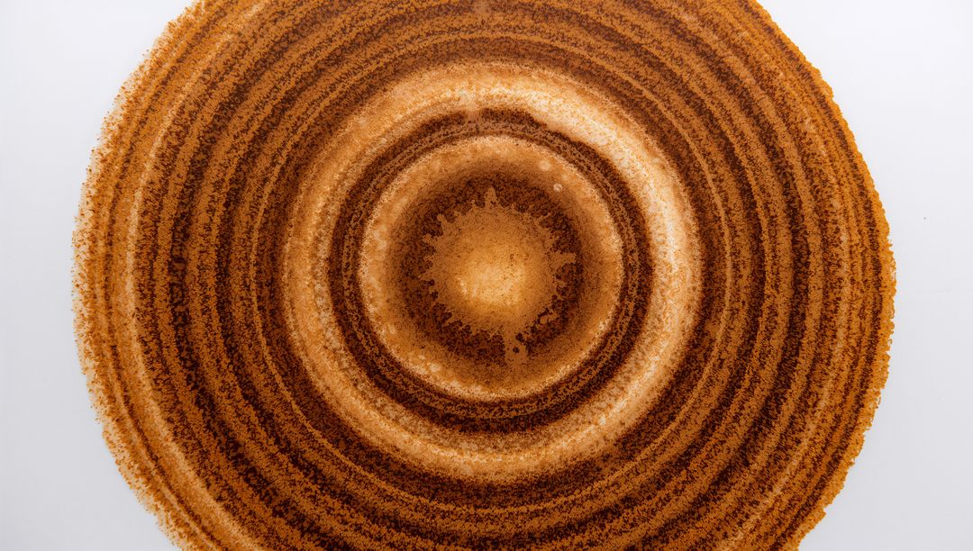 Concentric brown granule rings forming abstract coffee and cinnamon texture overhead