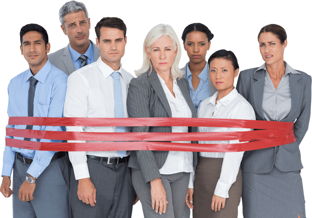 Unhappy Business Team Bound by Transparent Red Tape in Office