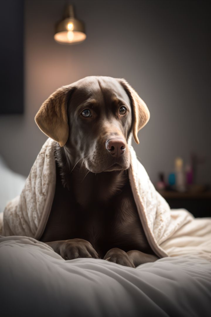 Cozy Chocolate Labrador Relaxing on Bed with Blanket - Free Images, Stock Photos and Pictures on Pikwizard.com