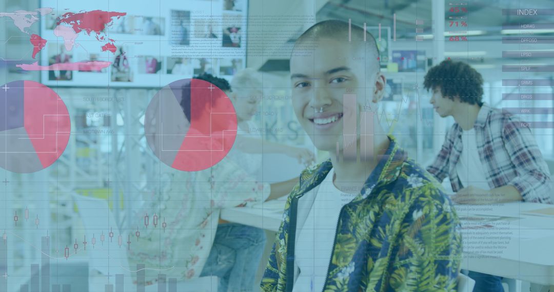 Young Professional Smiling in Modern Office with Statistical Graphics Overlay