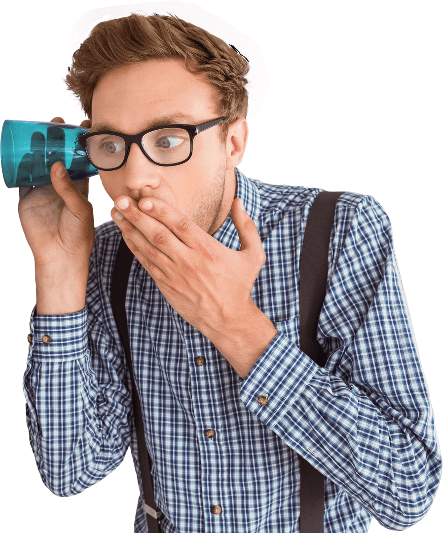 Transparent Businessman Eavesdropping with Plastic Cup