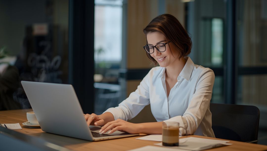 Smiling Professional Woman Working on Laptop in Modern Office Setting