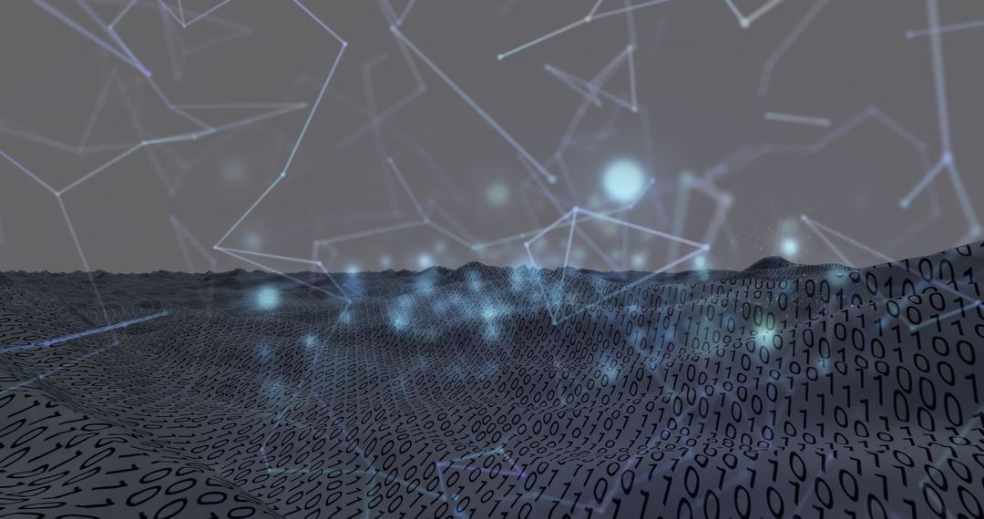 Binary code terrain with glowing network nodes in virtual data realm