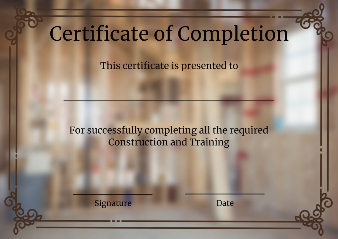 Certificate of Completion for Construction and Training - Download Free Stock Templates Pikwizard.com