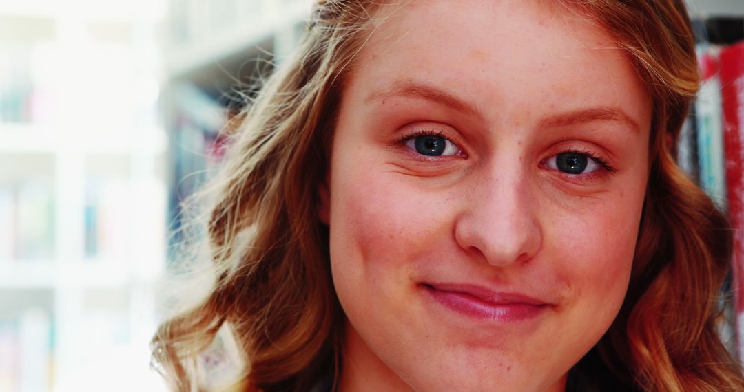 Smiling Schoolgirl in Library