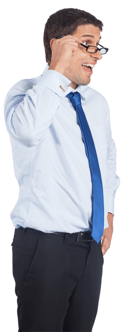 Happy Businessman Adjusting Glasses on Transparent Background