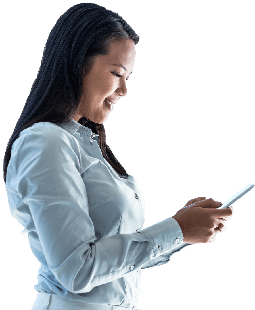 Transparent Businesswoman Using Smartphone Indoors With Positive Attitude