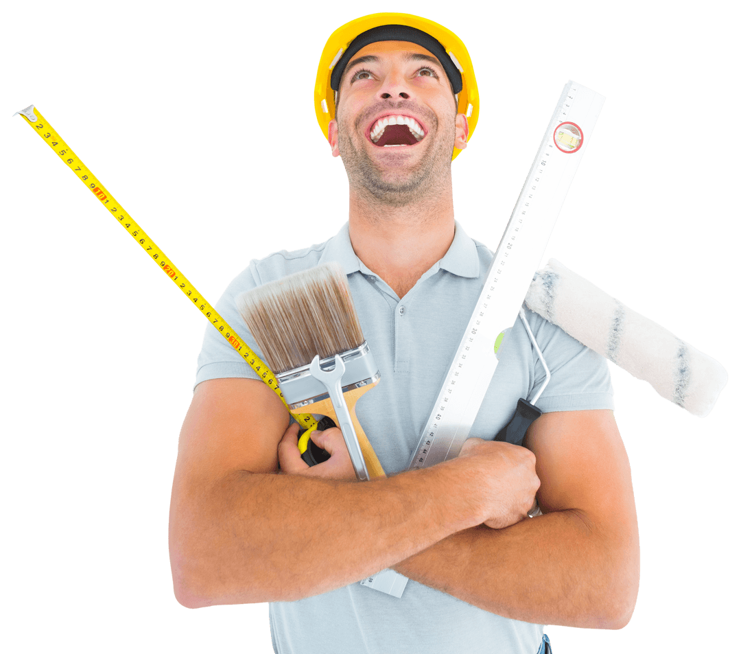 Transparent Manual Worker Laughing Holding Variety of Tools