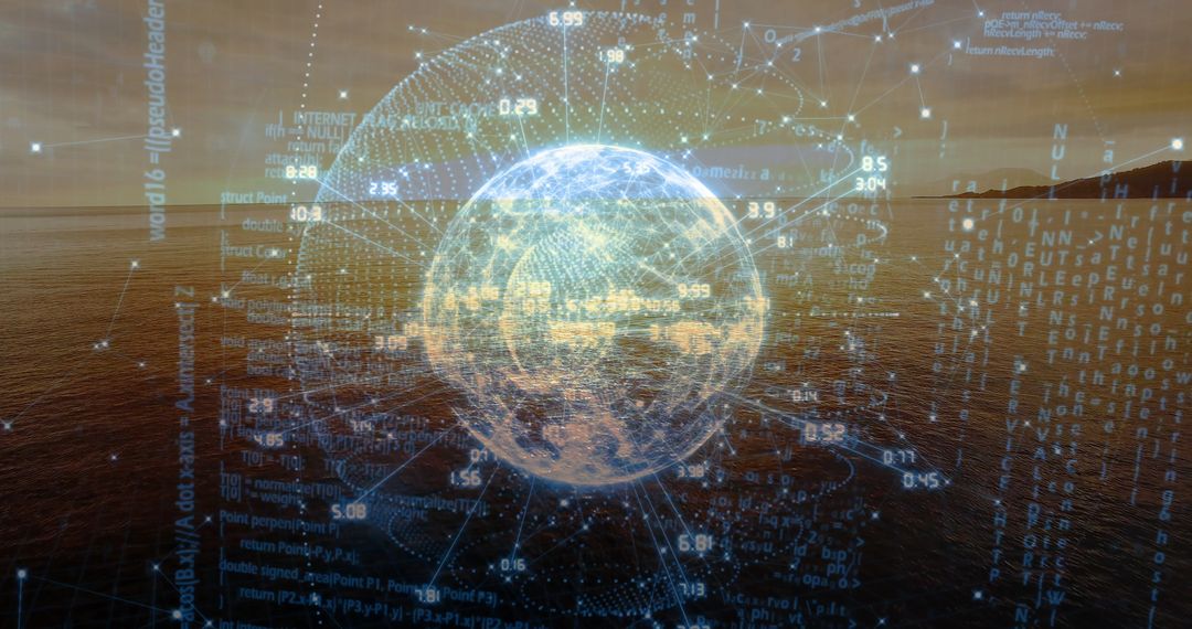 Digital Globe and Data Visualization over Ocean at Sunset