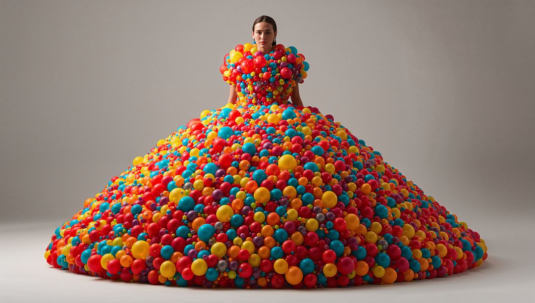 Modeling in voluminous couture gown made of thousands of multicolored plastic spheres