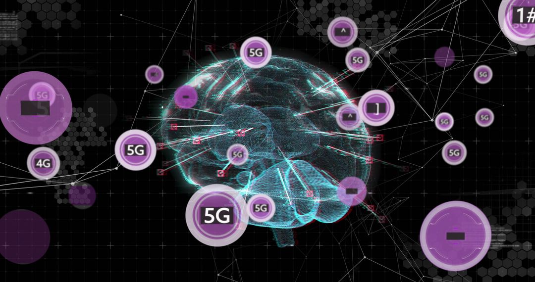 3D Wireframe Brain with 5G Network Connectivity Nodes