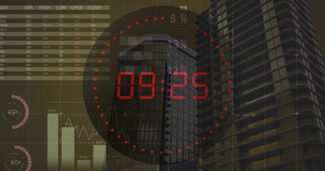Digital Countdown Over Modern Cityscape and Financial Data