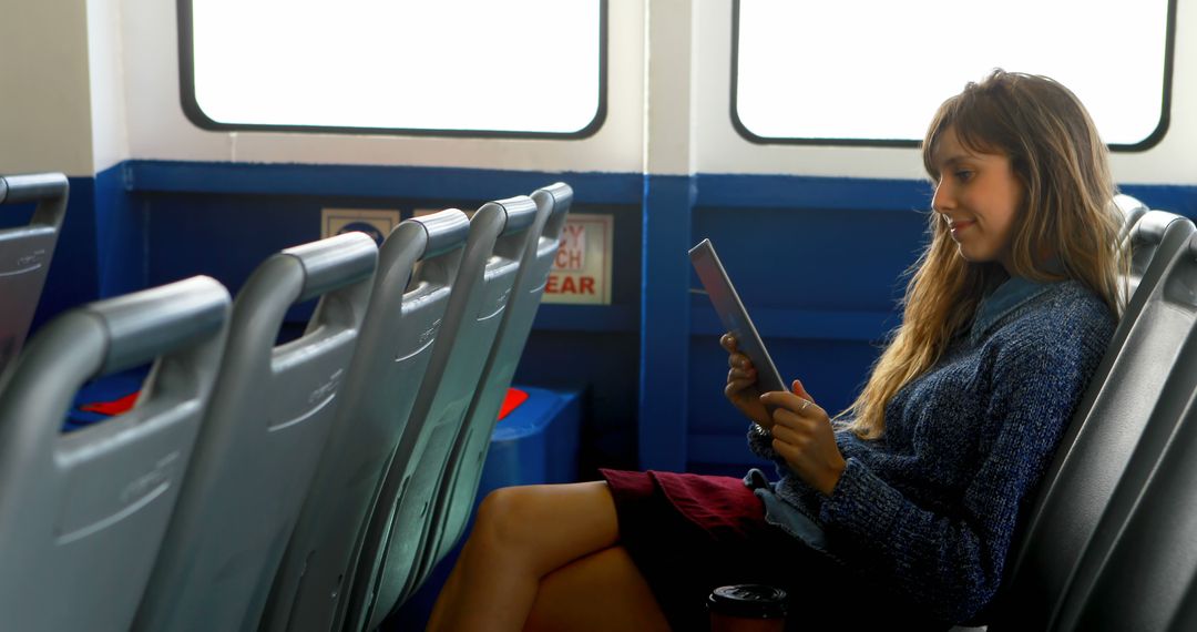 Woman Enjoying Tablet on Public Transportation - Free Images, Stock Photos and Pictures on Pikwizard.com