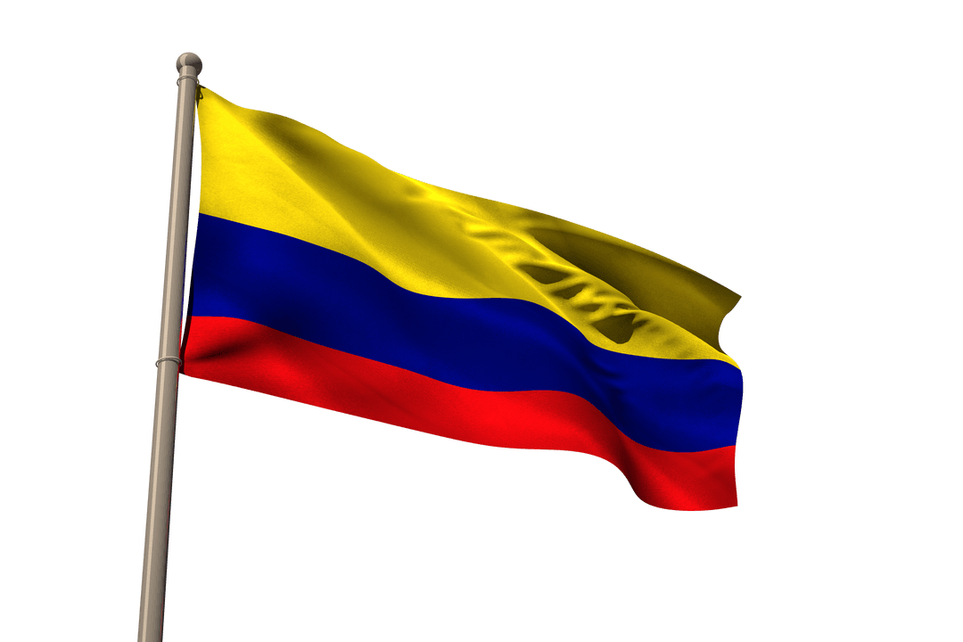 Colombia National Flag Waving on Pole Isolated on Transparent Background