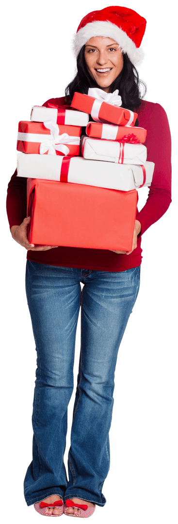 Woman Holding Stack of Gift Boxes in Santa Hat on Transparent Background