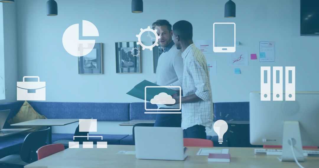 Colleagues Collaborating in Modern Open Office Sharing Ideas with Cloud Technology Overlay