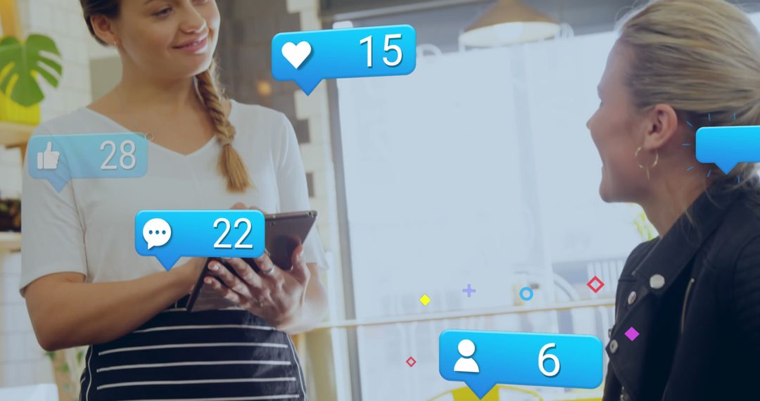 Waitress Using Digital Tablet with Social Media Interactions