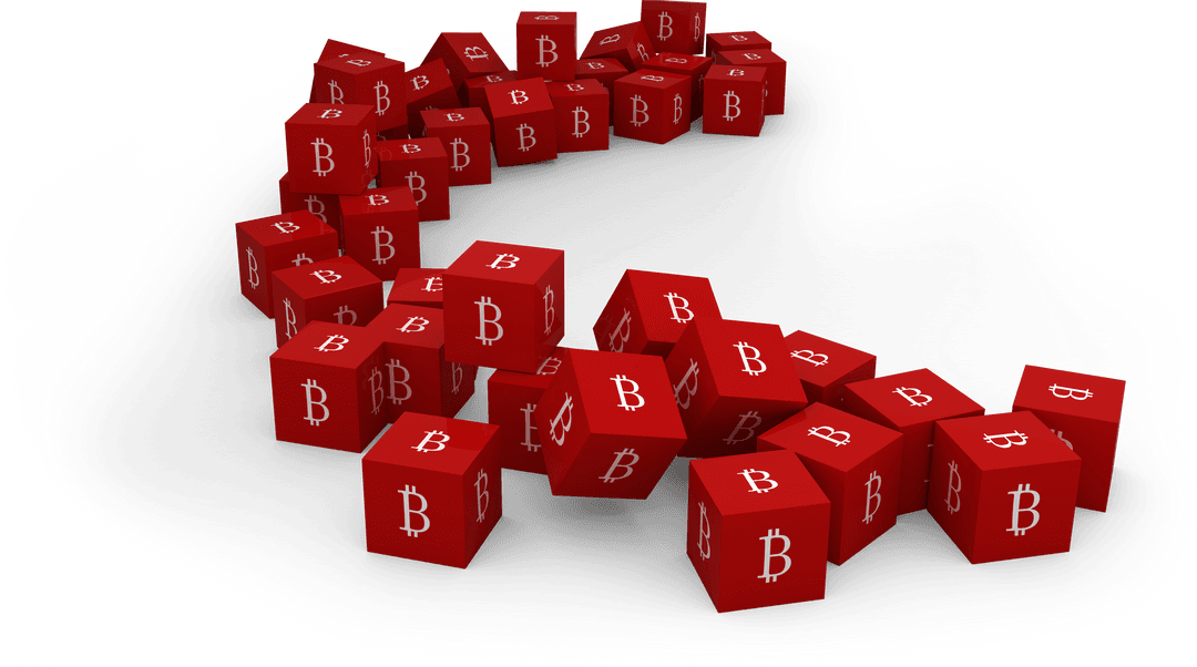 Red transparent cubes with bitcoin symbol arranged in spiral