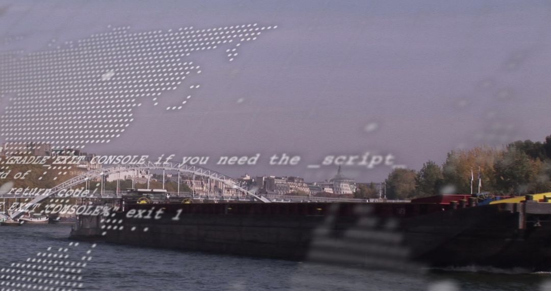 Abstract World Map Overlay on Cityscape for Global Data Processing