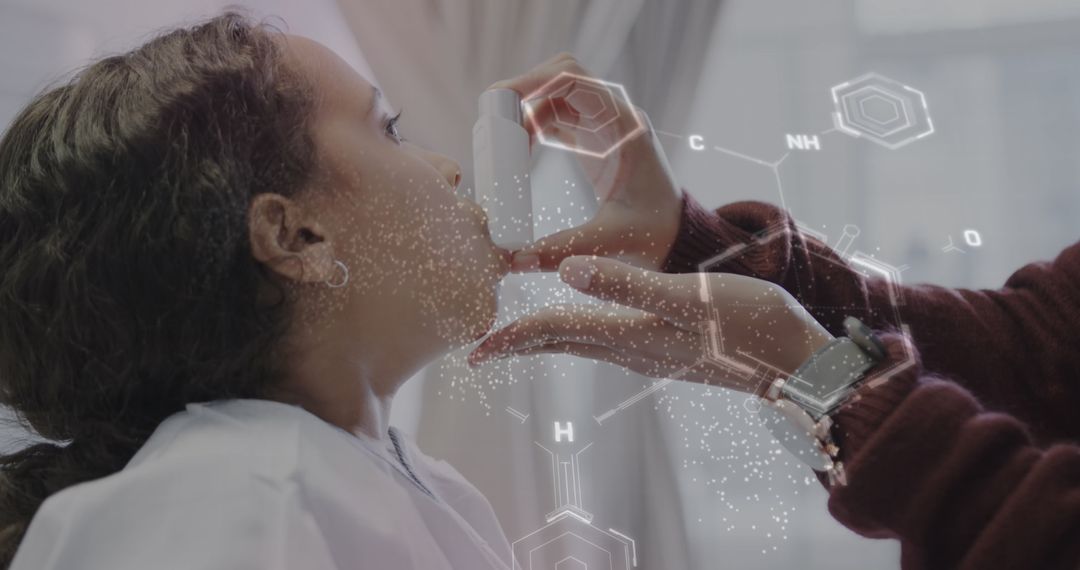 Child Using Inhaler with Digital Health Data Overlay