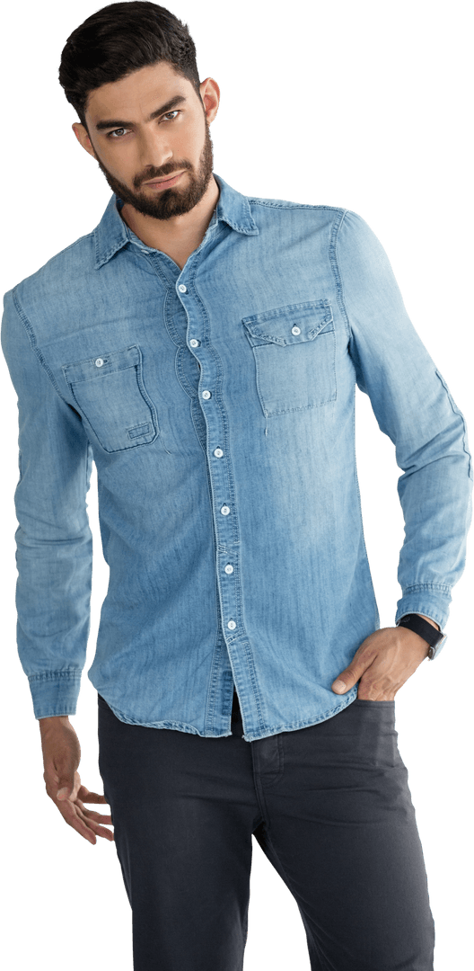 Stylish Man in Denim Shirt Posing Transparently