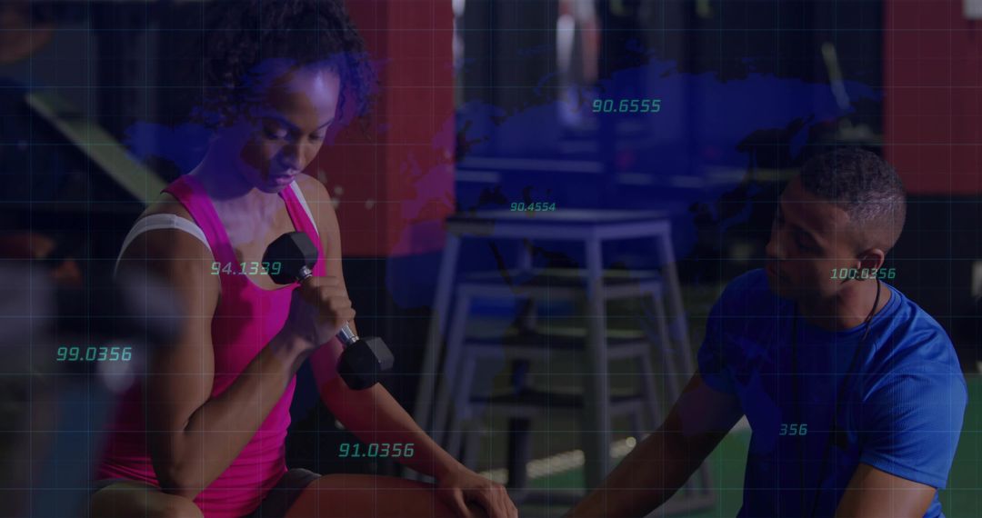 Intense Gym Training with Dumbbell and Digital Metrics Overlay