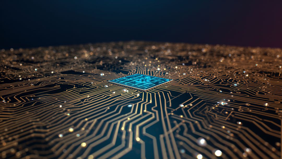 Glowing Microchip Sending Gold Circuit Traces Across Dark PCB Conveying Network Technology